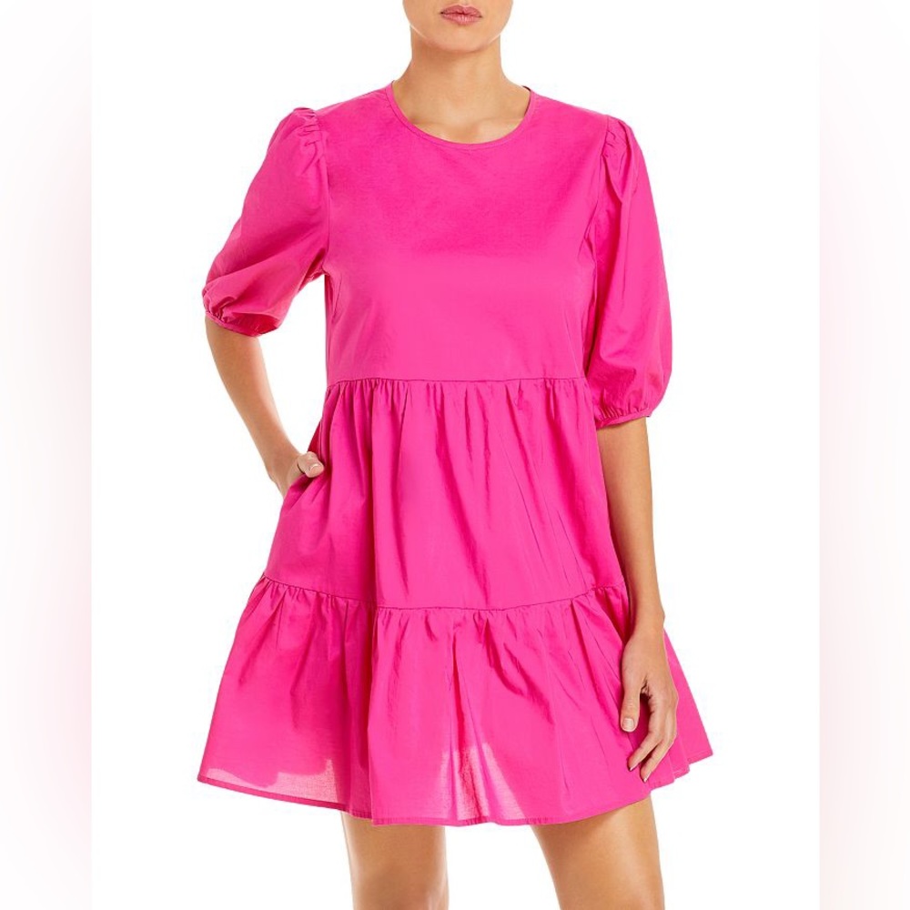 AQUA Bloomingdale’s pink poplin puff sleeve tiered dress